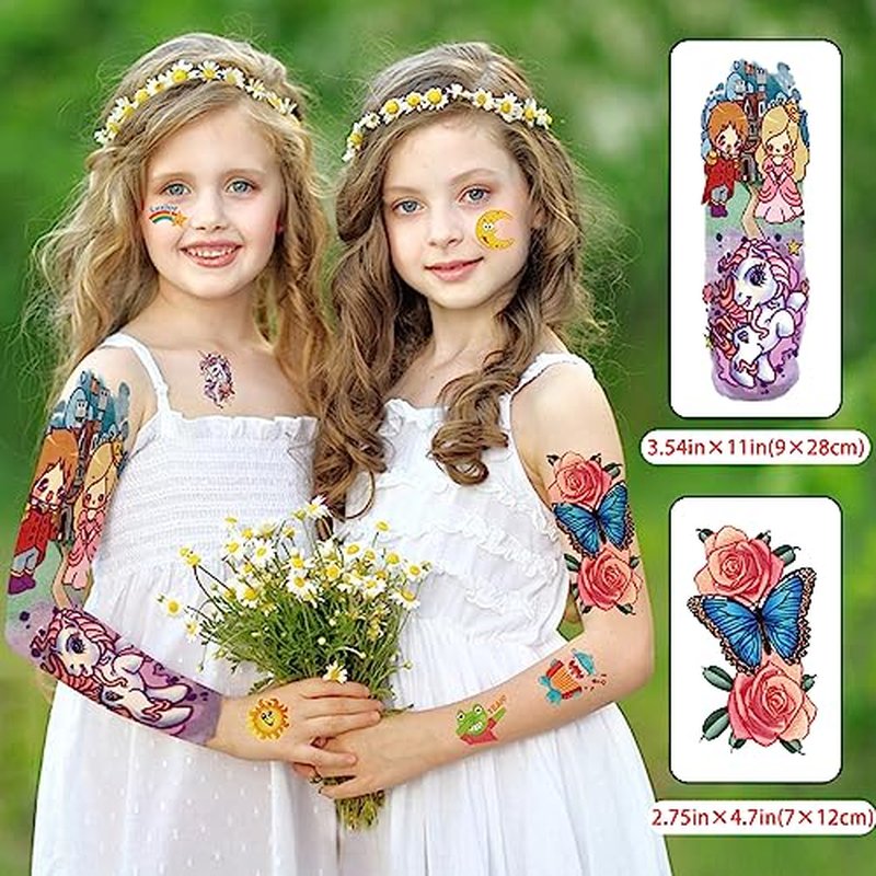 52 PCS Temporary Tattoos for Kids Full Arm Sleeve Fake Tattoos, Dinosaur Monster Car Planet Spider Shark Sticker for Boy, Princess Castle Dolphins Temporary Tattoos for Girl