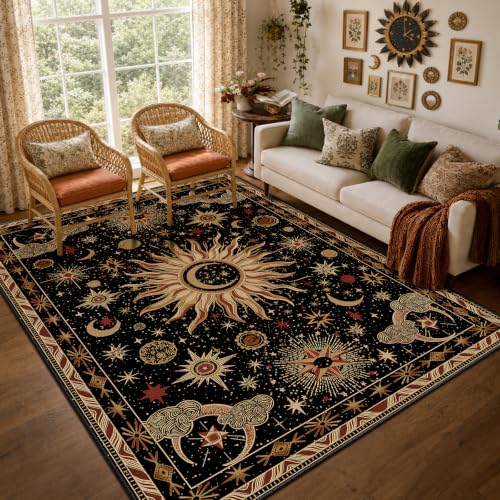 6x9 Black Gold Beige Red Washable Area Rug - Sun Moon Pattern, Vacuum-Friendly