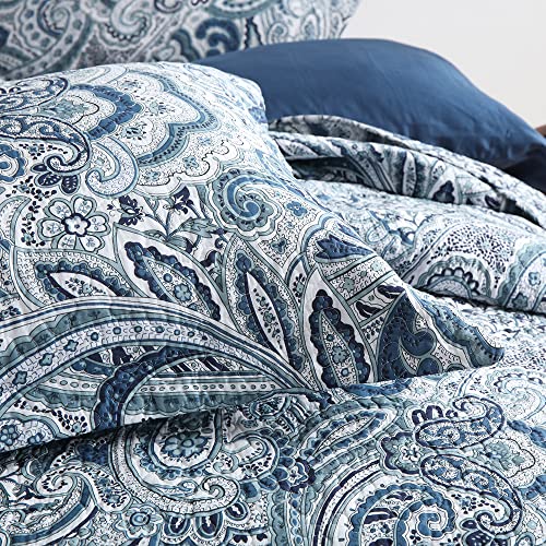 Reversible Cotton Bedspread Quilt Set - Blue Floral Paisley King Size - Autumn Dream