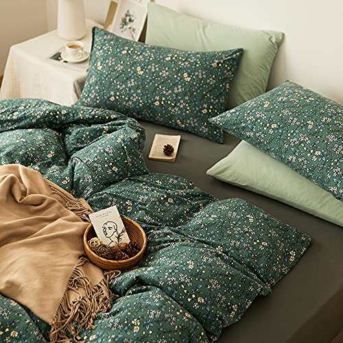 Queen Green Floral Jersey Knit Cotton Duvet Cover Set - Vintage Botanical Bedding