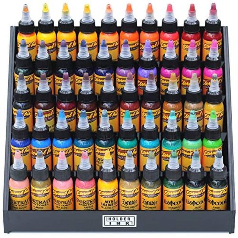 acrylic display stand organizer for tattoo inks, nail polish bottles and other beauty essentials that keeps them organized, secured and ready to use.