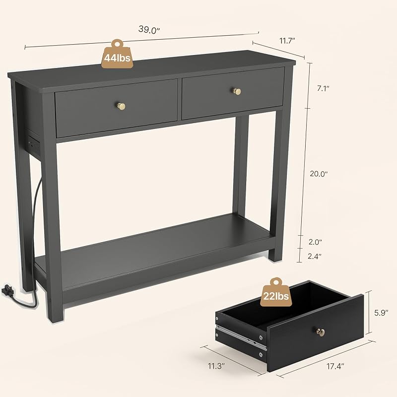 Gizoon Black Sofa Table with Outlets & USB Ports - 39" Wide, 2 Drawers