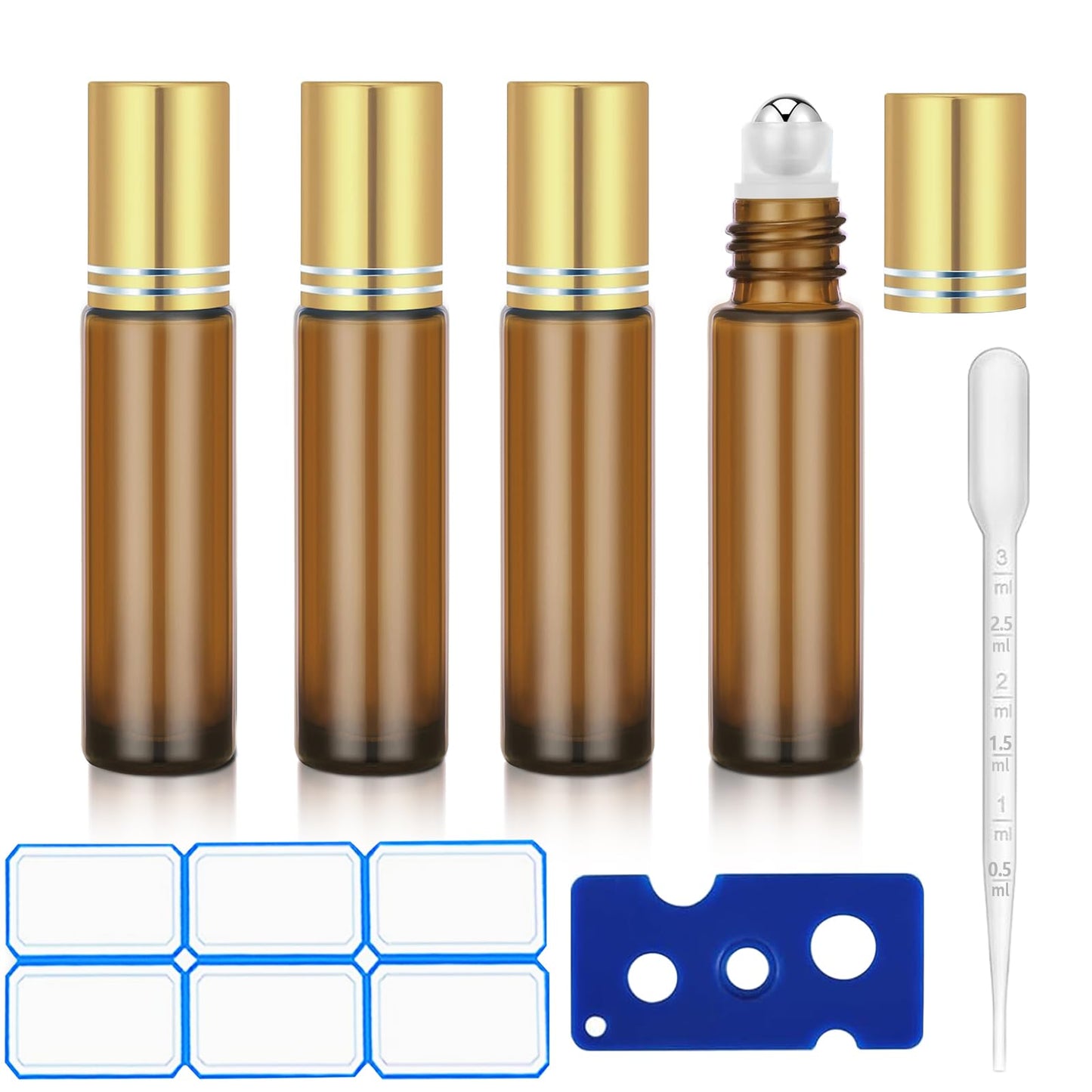 DTDNZKN 4 Pack of 0.34 Oz (10ml) Essential Oil Roller Bottles - Refillable, Leak-proof Amber Glass Roll-on Bottles with Stainless Steel Roller Balls, Metal Caps, and Labels Included