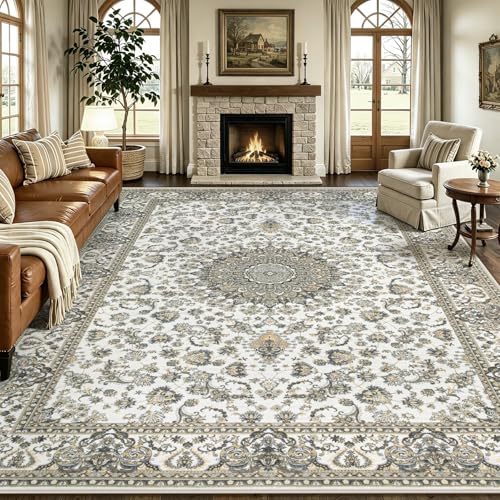 Zomfy Beige Brown 8x10 Vintage Floral Area Rug Non-Slip Washable Carpet for Living Room