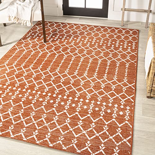 Outdoor Indoor Moroccan Geometric Area Rug 7'9" x 10' Orange Cream Textured Weave