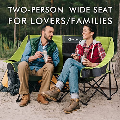 Green VILLEY Double Camping Chair with Cooler Bag, Wide Loveseat, Heavy Duty Foldable Couch, Portable Steel Frame, 600 lbs Capacity