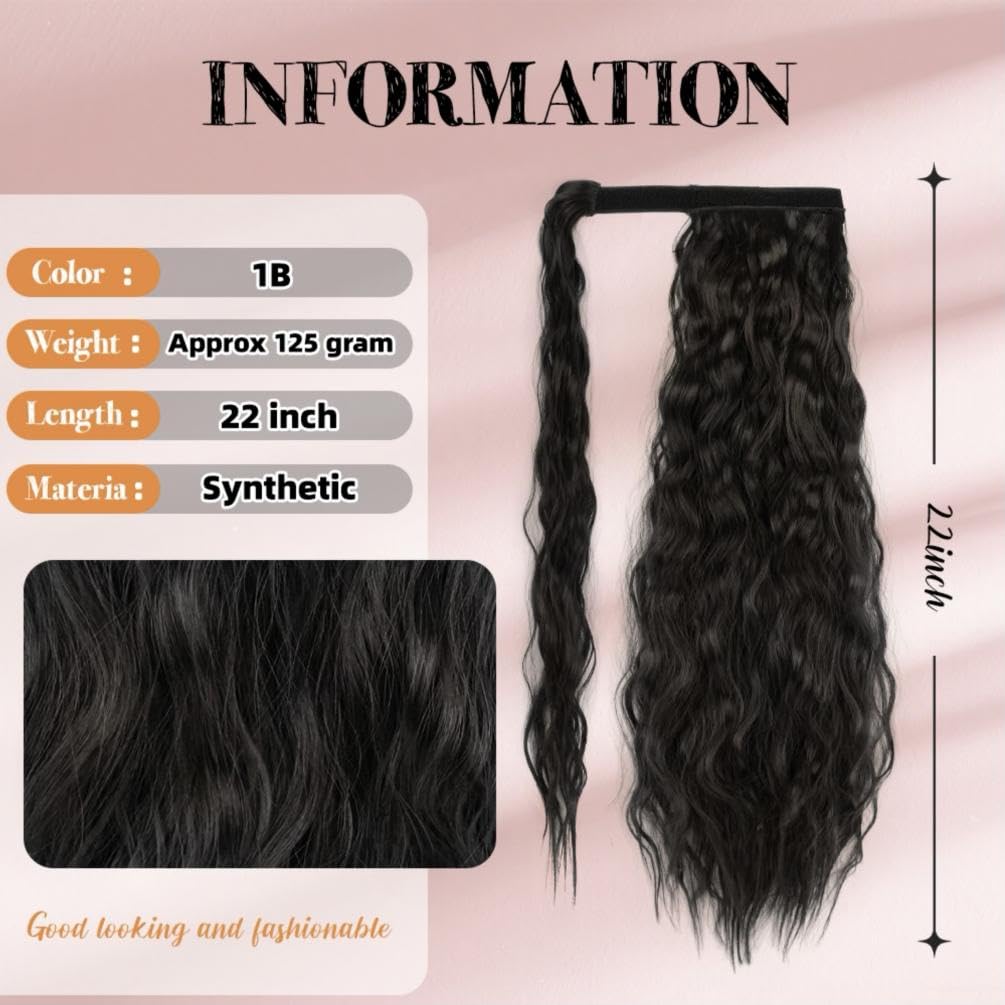 tonebesift Long Corn Wave Ponytail Extension 22inch Clip in Curly Wavy Pony Tail Wrap Around Hairpieces for Women(Black Brown #2)