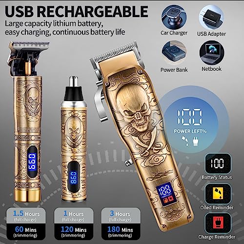 Roziapro Gold Cordless Hair Clippers Kit for Men with Nose/Beard Trimmer – Rechargeable, 5-Length Levers