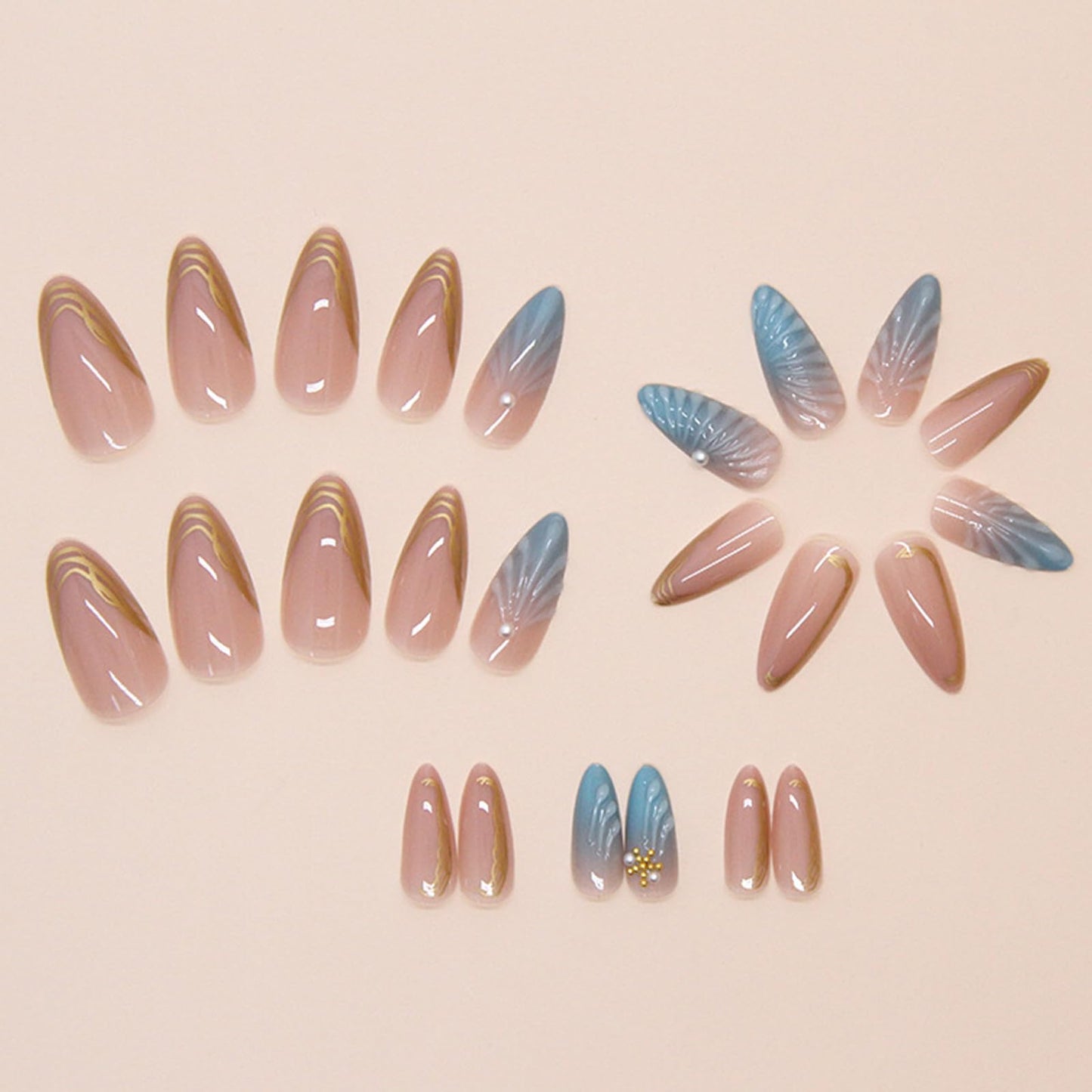 Blue Ocean Press on Nails Medium Almond Beach Starfish Sea Shell with Pearl Design 5D Embossed French Tip Artificial Acrylic Summer Fake Nails for Women Girls Finger Manicure Decorations 24Pcs
