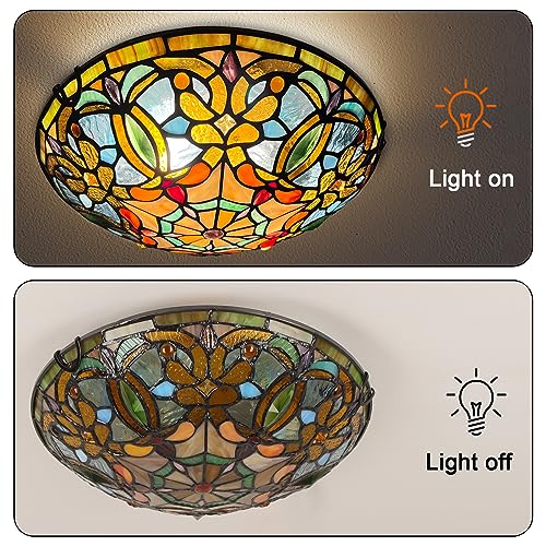 ARTZONE Tiffany Ceiling Light 12 Inch Stained Glass Flush Mount Fixture for Bedroom & Living Room