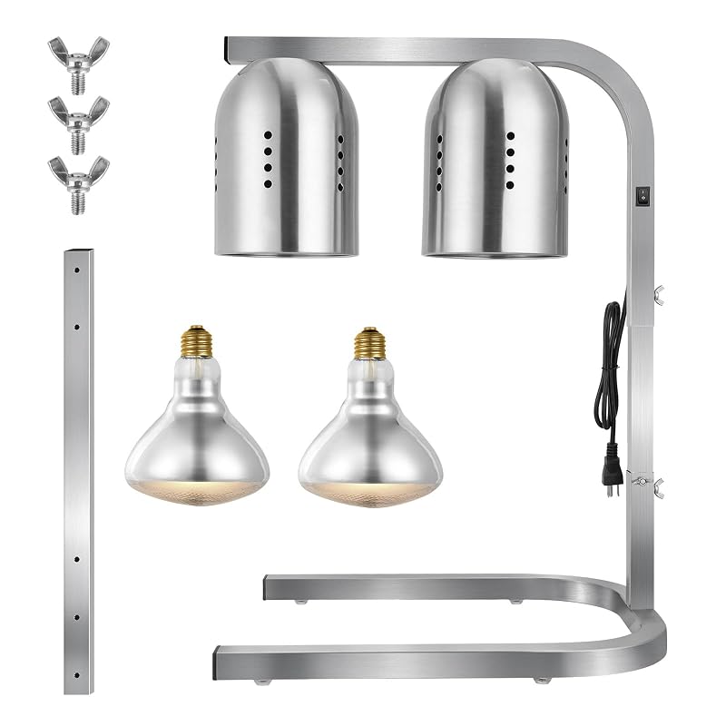 VEVOR Food Heat Lamp – 500W, 2x250W Infrared Bulbs, Free-Standing Stainless Steel Warmer