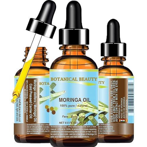Botanical Beauty? Moringa Oil 100% Pure Natural Undiluted Cold Pressed Carrier Oil for Face Skin, Hair, Lips, Nails. Rich in Vitamin C, Vitamin E (0.5 Fl Oz 15 ml)