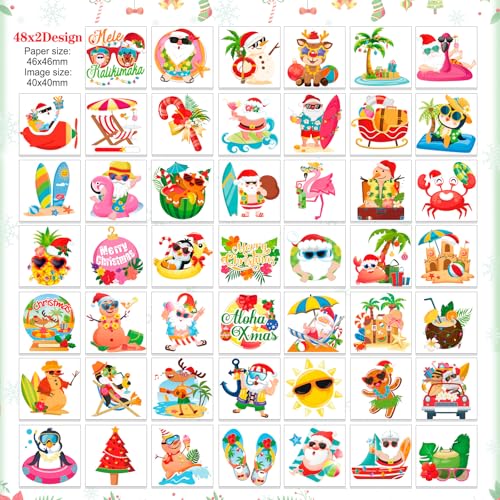 HOWAF 96 Pcs Hawaiian Christmas Temporary Tattoos, Tropical Christmas Party Decoration Waterproof Tattoos for Hawaiian Xmas, Hawaiian Flamingo Santa Tattoo Stickers for Mele Kalikimaka Decorations
