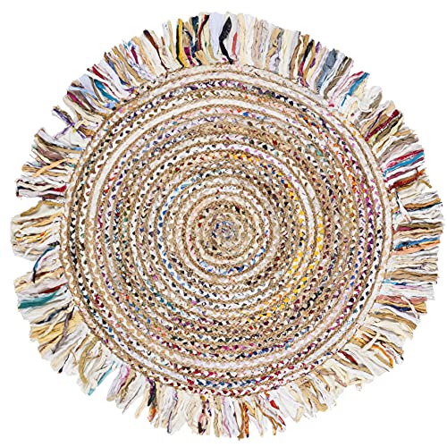 Round Ivory Light Beige Area Rug 5 ft Handmade Boho Jute & Cotton with Fringe