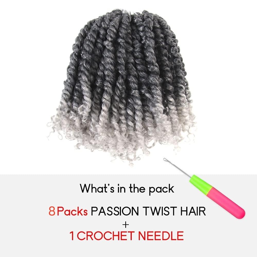 WUDAS Short Passion Twist Hair 6 Inch Pre-twisted Passion Twists Crochet Hair Ombre Grey Pre-looped Synthetic Crochet Braids (8 Packs,TGrey)