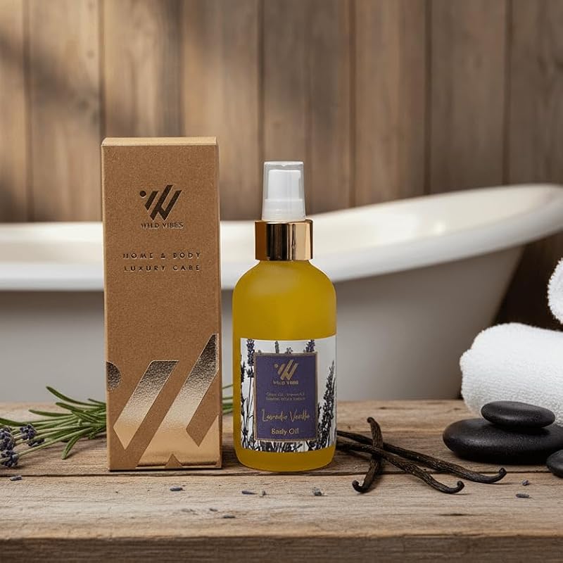 Wild Vibes Lavender Vanilla Body & Massage Oil - Hydrating Jojoba, Papaya & Shea Nut Oils, Vitamin E, Collagen Support, 4oz - All Skin Types