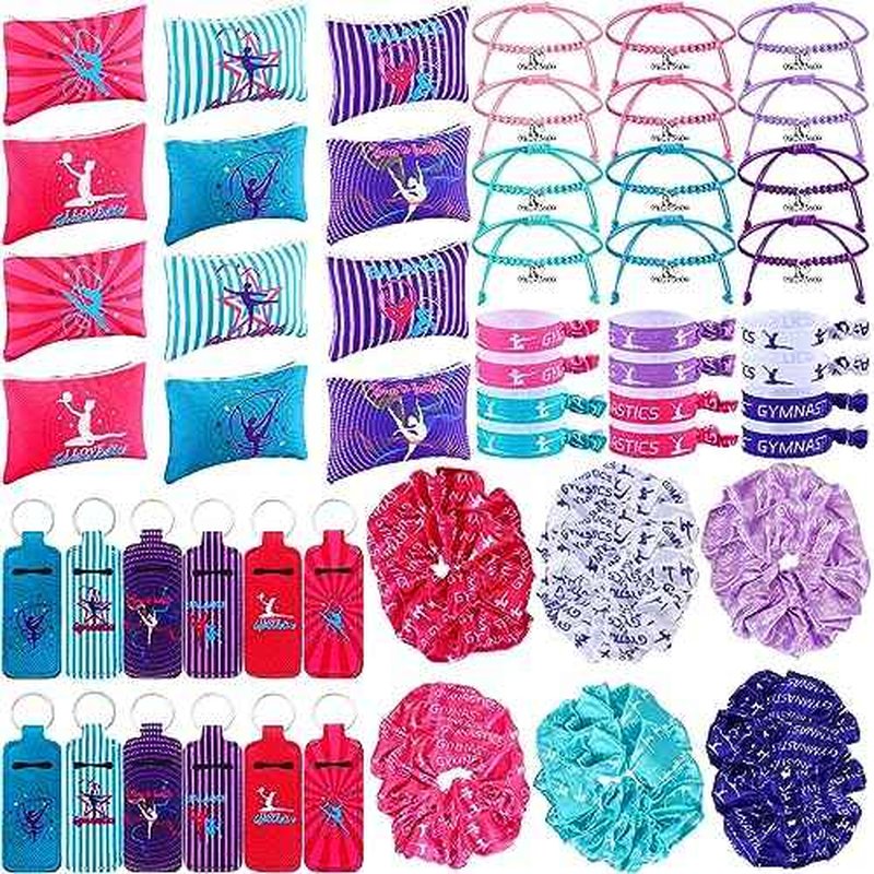 Abbylike 60 Pcs Gymnastics Party Favors 12 Dance Makeup Bag 12 Gymnastics Charm Bracelet 12 Girls Dance Hair Scrunchies 12 Sports Elastics Hair Ties 12 Gymnastics Keychains for Gift Birthday Supplies
