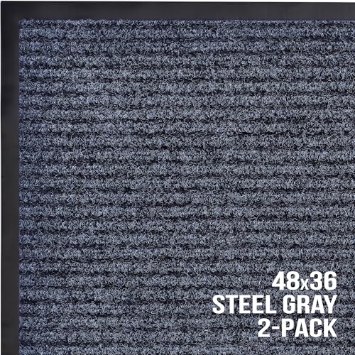48x36 Steel Gray Indoor Outdoor Welcome Door Mat Set - Heavy Duty Ribbed Polyester Entryway Doormats, 2-Pack