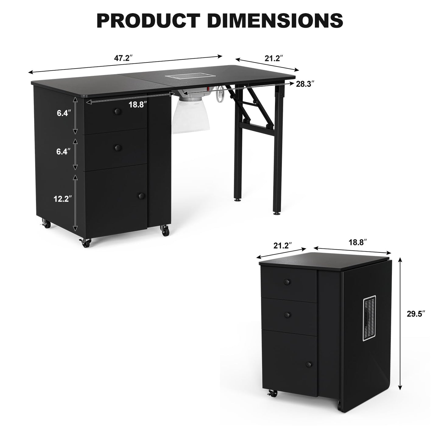 Belandi Foldable Manicure Table Nail Table,Folding Nail Desk Station for Nail Tech w/Electric Downdraft Vent,Lockable Wheels,Foldable Nail Arm Rest,Storage Drawers,Wooden Handles(Black)