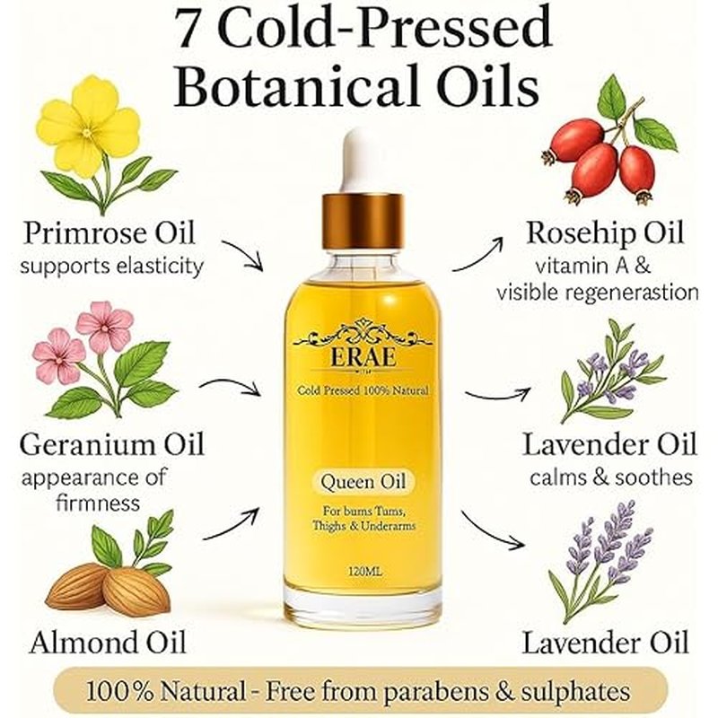 ERAE Queen Body Oil ? Cold Pressed Botanical Blend for Hydrating & Firm-Looking Skin, Lightweight Fast-Absorbing Body Moisturizing Oil for Arms, Legs & Stomach