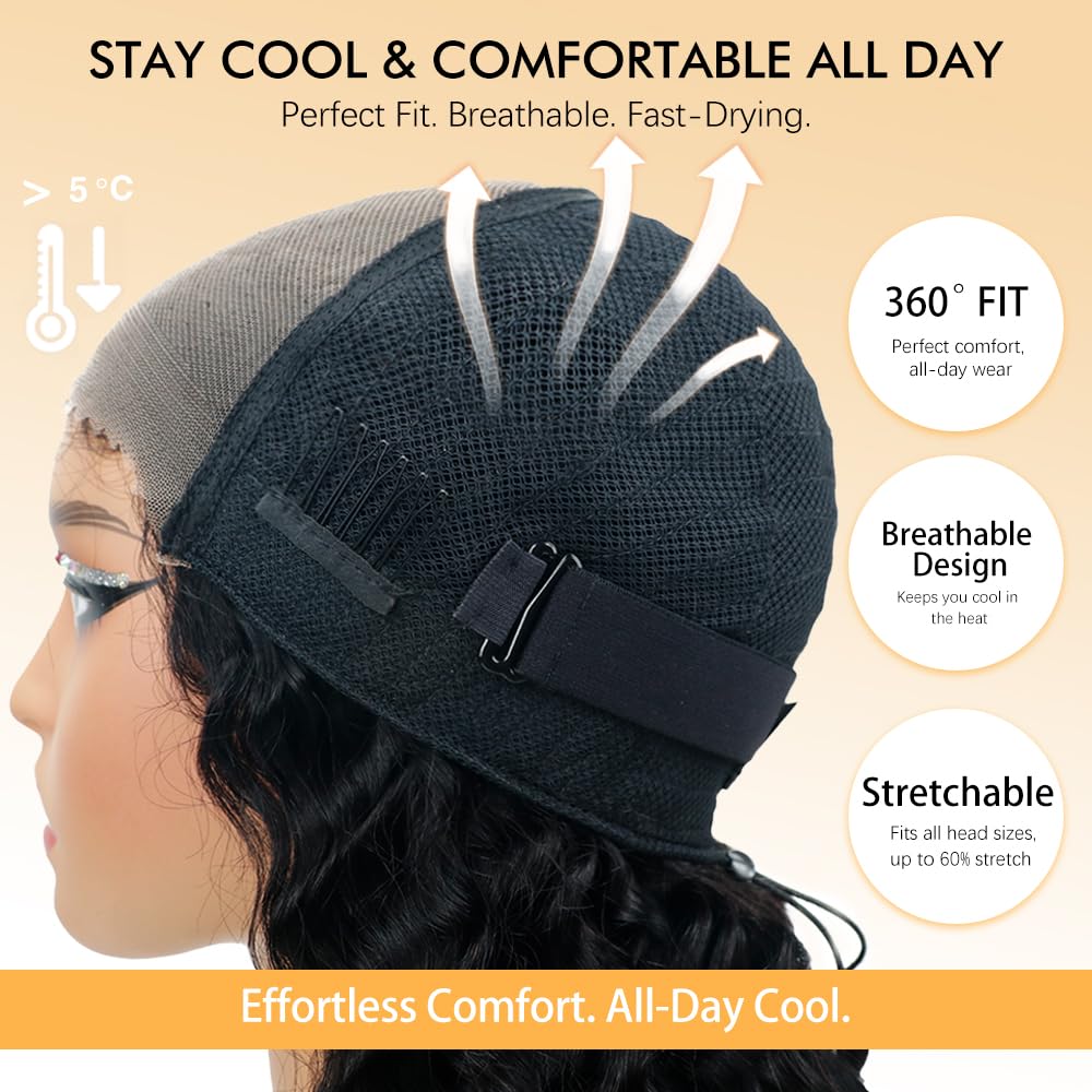 Goulus 7x6 Deep Wave Glueless Wigs Human Hair Pre Plucked Pre Cut 250% Density Drawstring Wig Human Hair Wear and Go Glueless Wigs for Black Women Natural Color #1B 28 Inch