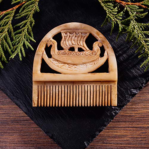 Viking Ox Bone Comb with Drakkar Longship Design - Pocket Beard & Hair Comb