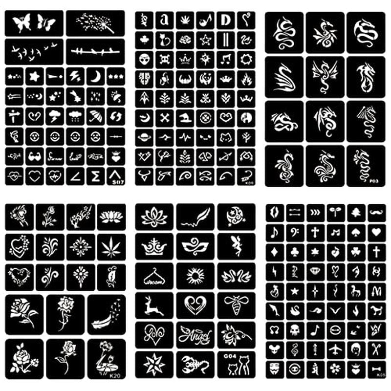 20 Sheets Temporary Tattoo Stencils, 622+pcs Henna Tattoo Stencil Kit for Face Body Paint DIY Art Reusable Glitter Tattoo Stencils Pack