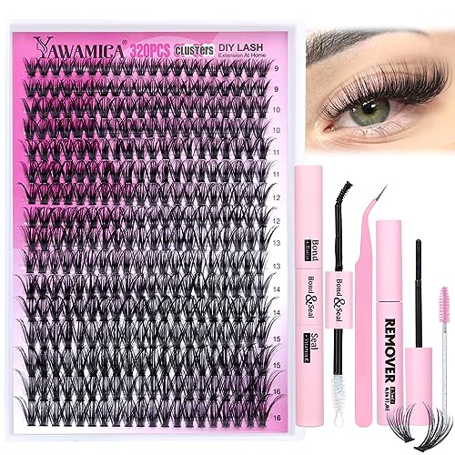 Yawamica Lash Clusters Kit 320pcs Eyelash Clusters D Curly 9-16mm 40D Individual Lashes Wispy Lash Extension Kit with Bond and Seal and Lash Remover and Lash Applicator for Eyelash Extension Beginners
