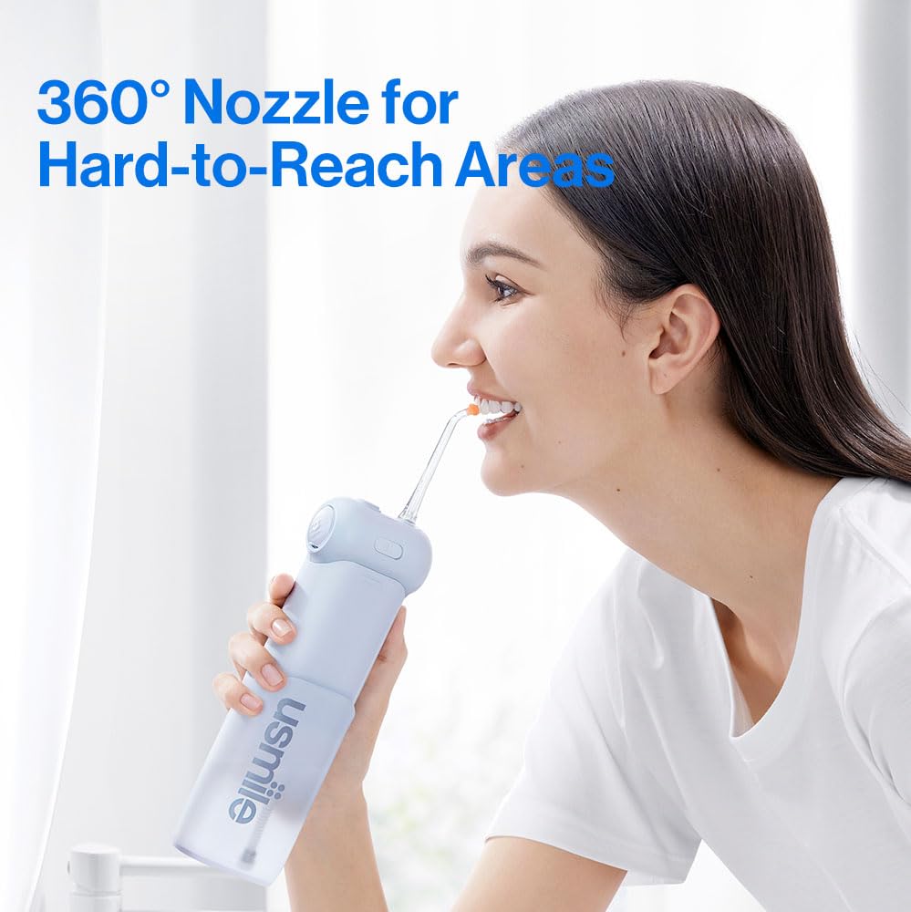 usmile C10 Portable Water Flosser – Travel-Friendly, 95-Day Battery, 4 Modes, 360° Nozzle, 180ml Tank, IPX7 Waterproof, Dentist-Recommended for Braces, Implants & Sensitive Gums (Blue)
