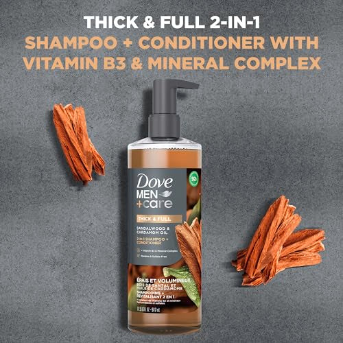 DOVE MEN + CARE 2-in-1 Shampoo + Conditioner Sandalwood & Cardamom Oil for Thick & Full Hair, + Vitamin B3 & Mineral Complex, 17.5 oz