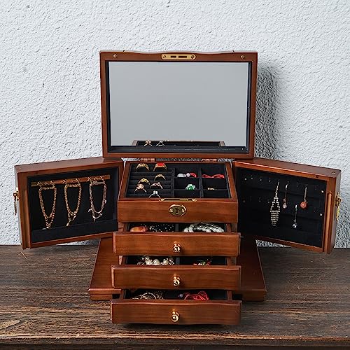 FEECOZ Wooden Jewelry Box for Women with Mirror & Lock - Dark Brown Rose Pattern