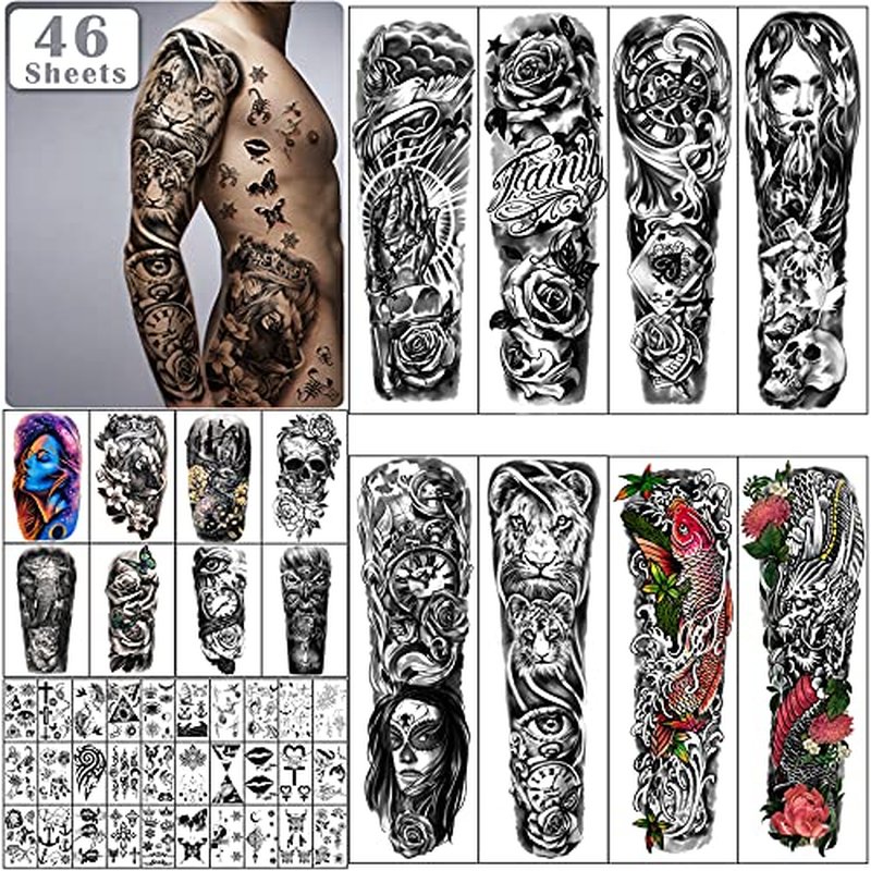 Extra Large Full Arm Waterproof Temporary Tattoos 8 Sheets and Half Arm Shoulder Tattoo 8 Sheets, Tiny 30sheets Lasting Tattoo Stickers for Girls Adult Women or Men (Total 46 sheets)
