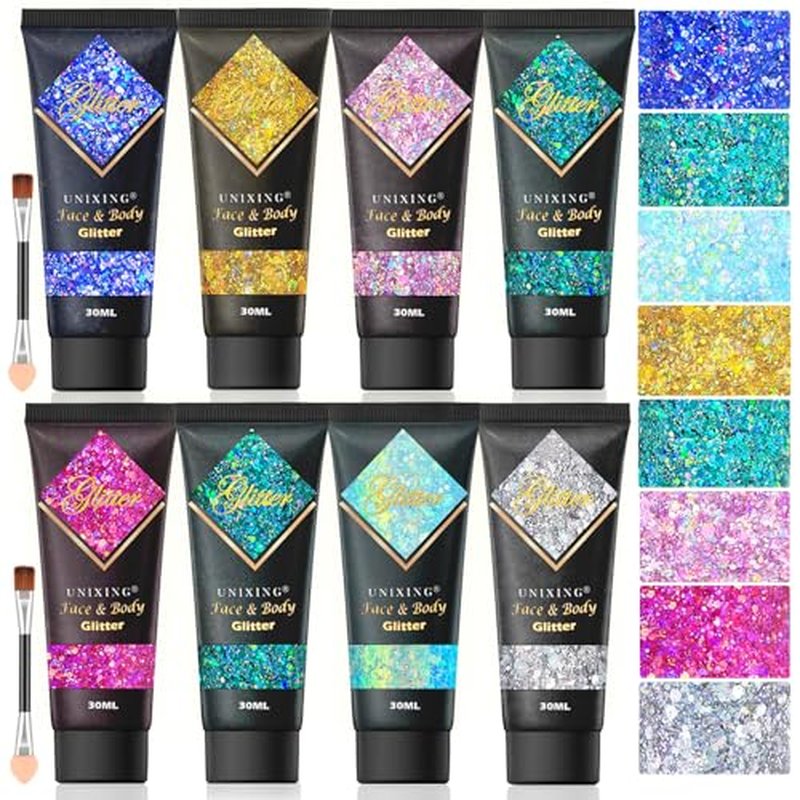 8PCS Face Glitter Gel, Holographic Body Glitter Gel for Hair, Body, Face, Lip, Eyeshadow, Glitter Face Paint, Chunky Glitter for Makeup, Sparkling Glitter Makeup for Concerts Music Festival Rave