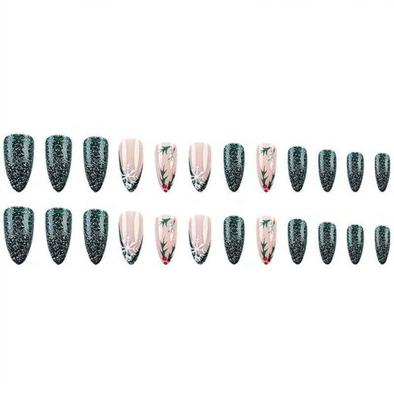 Christmas Press on Nails Medium Almond False Nails Green Fake Nails with Xmas Holly Leaves Design Glitter Glue on Nails Snowflake Acrylic Nails French Tip Stick on Nails for Women 24Pcs