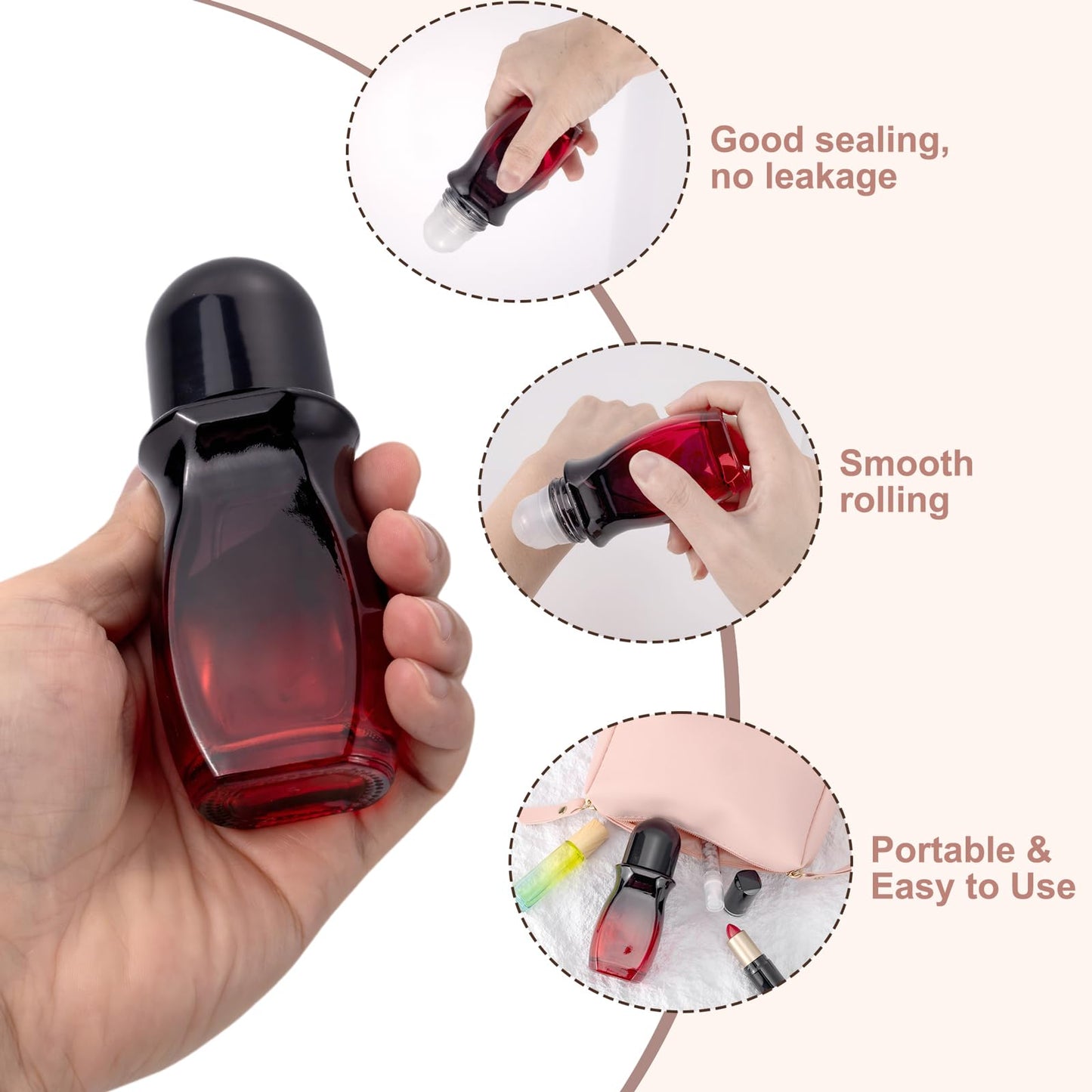 Kesell 2Pack Glass Roller Bottles 50ML Gradient Red Deodorant Bottle with Opener Refillable Glass RollerBall Deodorant Container for Essential Oils, Perfume (Black Lid)