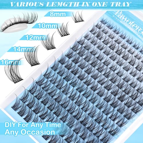 Pawotence Lash Clusters Kit Wispy Lash Extension Kit 8-16mm Natural Cluster Eyelash Extension Kit Individual Lashes 154pcs Eyelash Clusters with Lash Bond and Seal, Lash Tweezers for Self Use