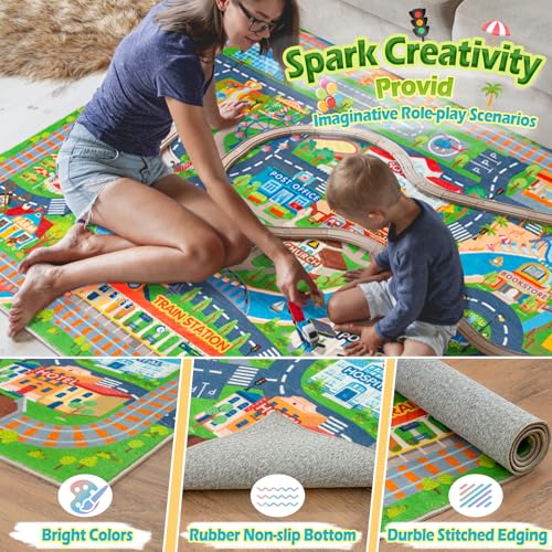 Green Town City 5x7 ft Car Play Mat for Kids Room - Traffic Road Rug for Imaginative Play