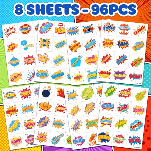 96 PCS Comic Pre-Cut Temporary Tattoos for Kids | Super Cute Pow Wow Boom Zap Themed Birthday Party Favors, Supplies, Decorations, Fake Tattoo Stickers, School Rewards Gifts for Boys & Girls