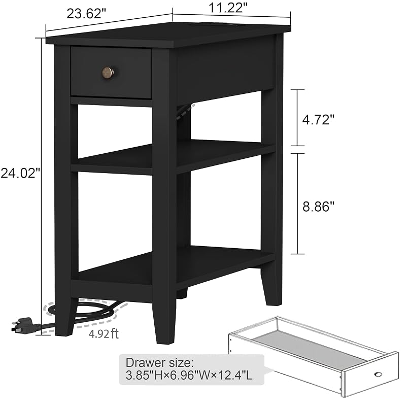 ChooChoo Narrow End Table with Charging Station and Hidden Drawer - Black