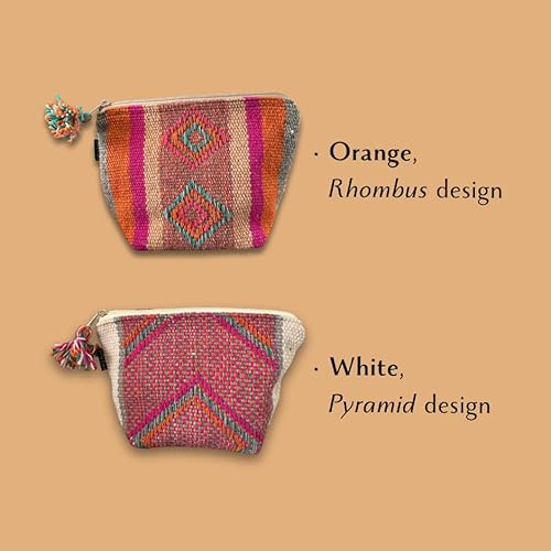 Handmade Makeup Pouches from Peru ? Boho Chic Cosmetic Bag with Zipper, Cute Beauty Pouch for Purse Bag Organizer or Travel Essentials (Pyramid, White - Pink)