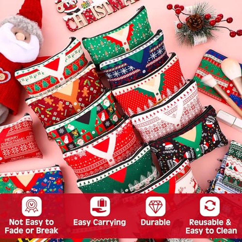 24 Pcs Christmas Makeup Bags Bulk Cosmetic Bags 7 x 4.33 Inches Zipper Portable Pouch Purses Gifts for Women Holiday Travel Xmas Party Supply(Ugly Sweater)