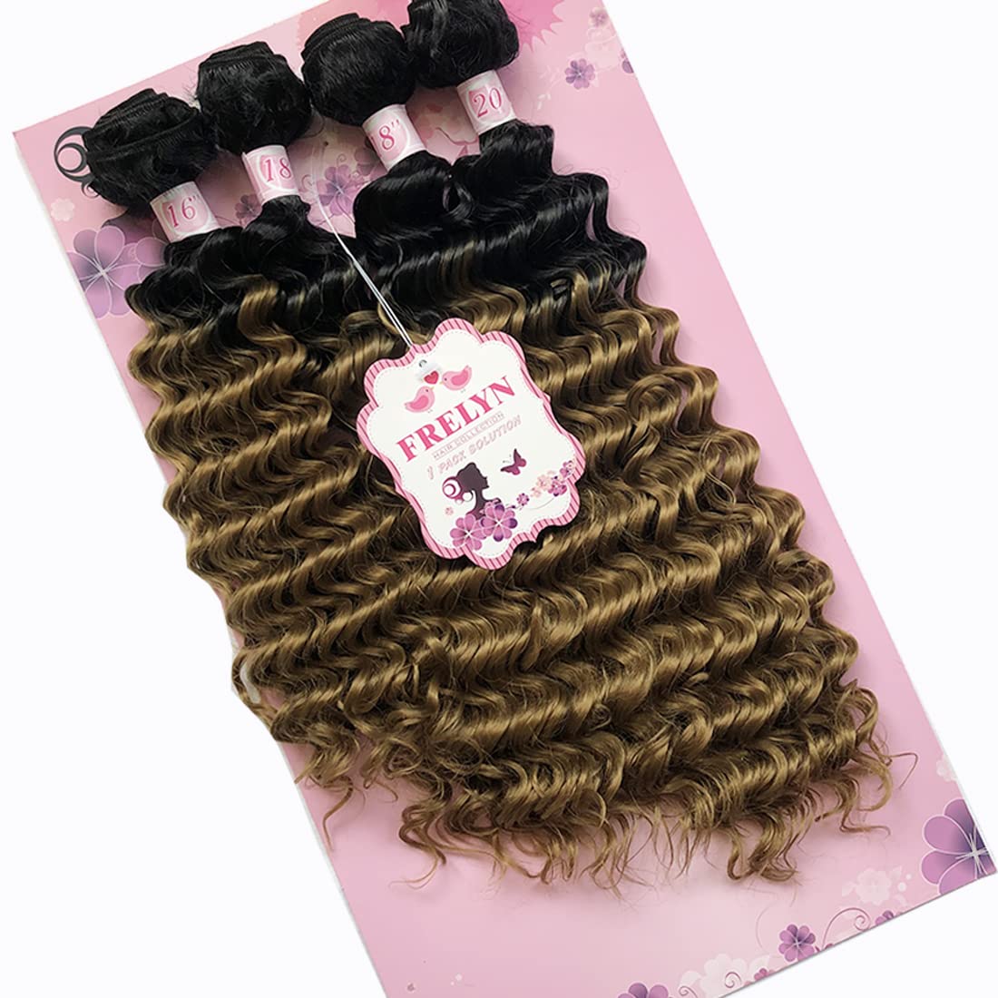 FRELYN Deep Wave Curly Synthetic Hair Weave Bundles - Black, 16-20 Inches, 4 Pack