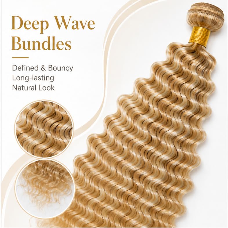 P27/613 Blonde Deep Wave Hair Bundles - Human Hair 12 14 16 Inch Variation #P27/613 - Blonde -D