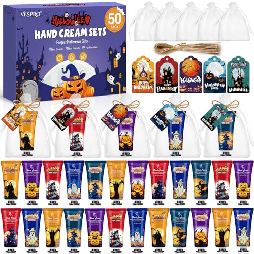 VESPRO 50 Sets Halloween Hand Cream Gift for Women, Hand Lotion for Halloween Party Favors with Halloween Cards and Organza Bags, Halloween Decorations and Bulk Halloween Gifts for Women