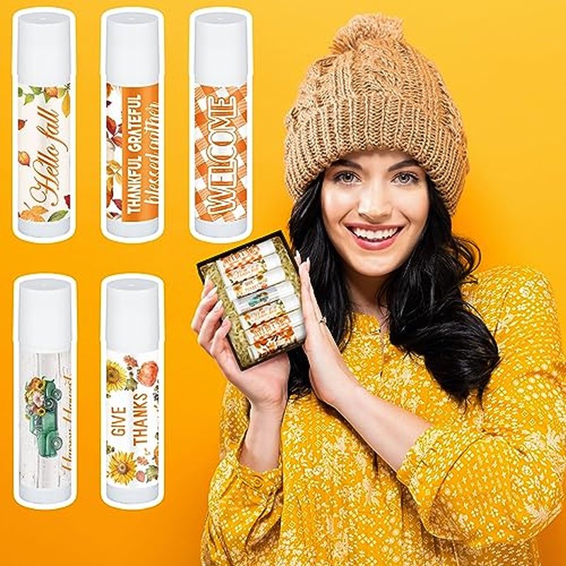 50 Pcs Thanksgiving Christmas Party Gifts Bulk Thanksgiving Lip Balms Favors Holiday Basket Stuffers Christmas Stocking Stuffers Small Thank You Gifts for Women Men (Honey Flavor)