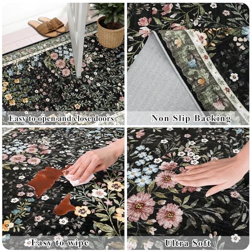 Black Square 7x7 ft Floral Area Rug - Non-Slip, Machine Washable, Indoor Carpet for Living Room Bedroom Office
