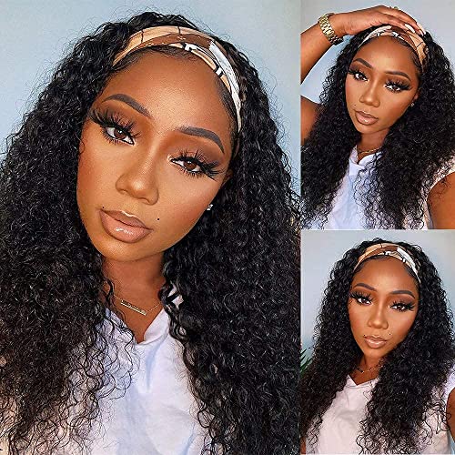 Deep Wave Headband Wig - 20 Inch Curly Human Hair Natural Black No Glue