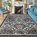 8x10 Floral Area Rug - Dark Black Washable Boho Carpet for Living Room