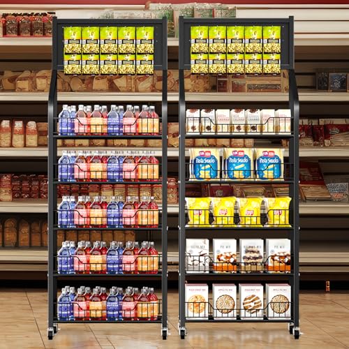 50cm Black Metal Snack Display Rack with Hooks & Wheels - 5 Tiers for Retail & Home Use