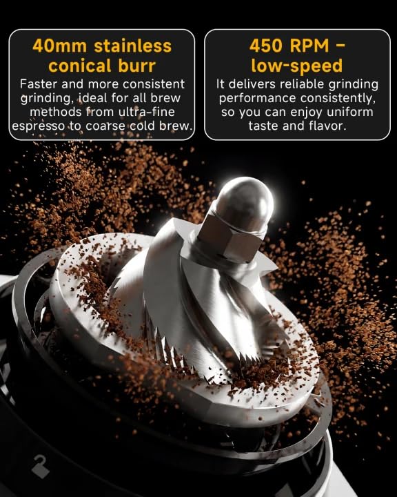 Silver Coffee Grinder with Conical Burr - 48 Grind Settings for Espresso to French Press